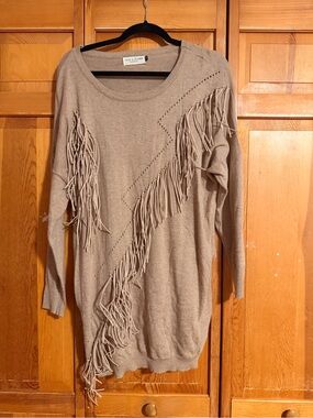 Fringe Detail Taupe Sweater Dress/Tunic